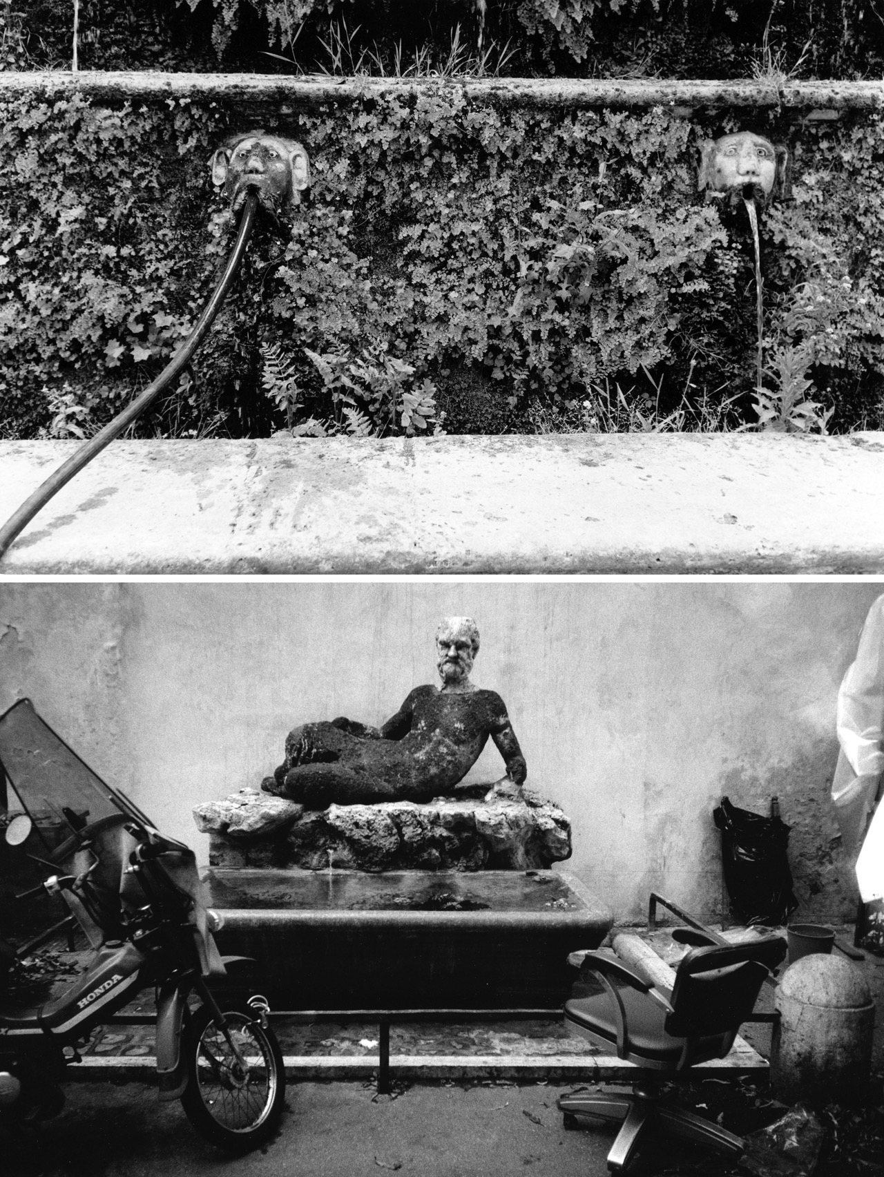 Fontaines... Jardins de Tivoli (en haut) et Via del Babuino, Rome- Italie &ndash; Printemps 1987
Celles et ceux qui me lisent le savent, je suis un grand fan de l'Italie, et de Rome en particulier. Peut-&ecirc;tre que la naissance de mon p&egrave;re &agrave; Civitavecchia et les nombreuses ann&eacute;es que mon grand-p&egrave;re a pass&eacute; l&agrave;-bas y sont pour quelque chose. Ces fontaines m'avaient attir&eacute;, non pas parce que, comme celle du Babuino, elles sont c&eacute;l&egrave;bres, mais parce qu'elles avaient emprunt&eacute; quelques accessoires incongrus &agrave; la modernit&eacute;, ce qui les rendait encore plus s&eacute;duisantes. Pour les immortaliser, j'avais utilis&eacute; alors un petit Minolta CLE, un bijou avec son objectif de 40 mm, version moderne du Leica CL. Le joli b&eacute;b&eacute; a fini par &ecirc;tre vol&eacute; deux ans plus tard en ce m&ecirc;me lieu, par d'habiles pick-pockets.  Depuis, je n'emm&egrave;ne plus que du mat&eacute;riel photo bon march&eacute; &agrave; Rome. Qui  a dit &laquo;&nbsp;parano&iuml;aque&nbsp;&raquo;&nbsp;?