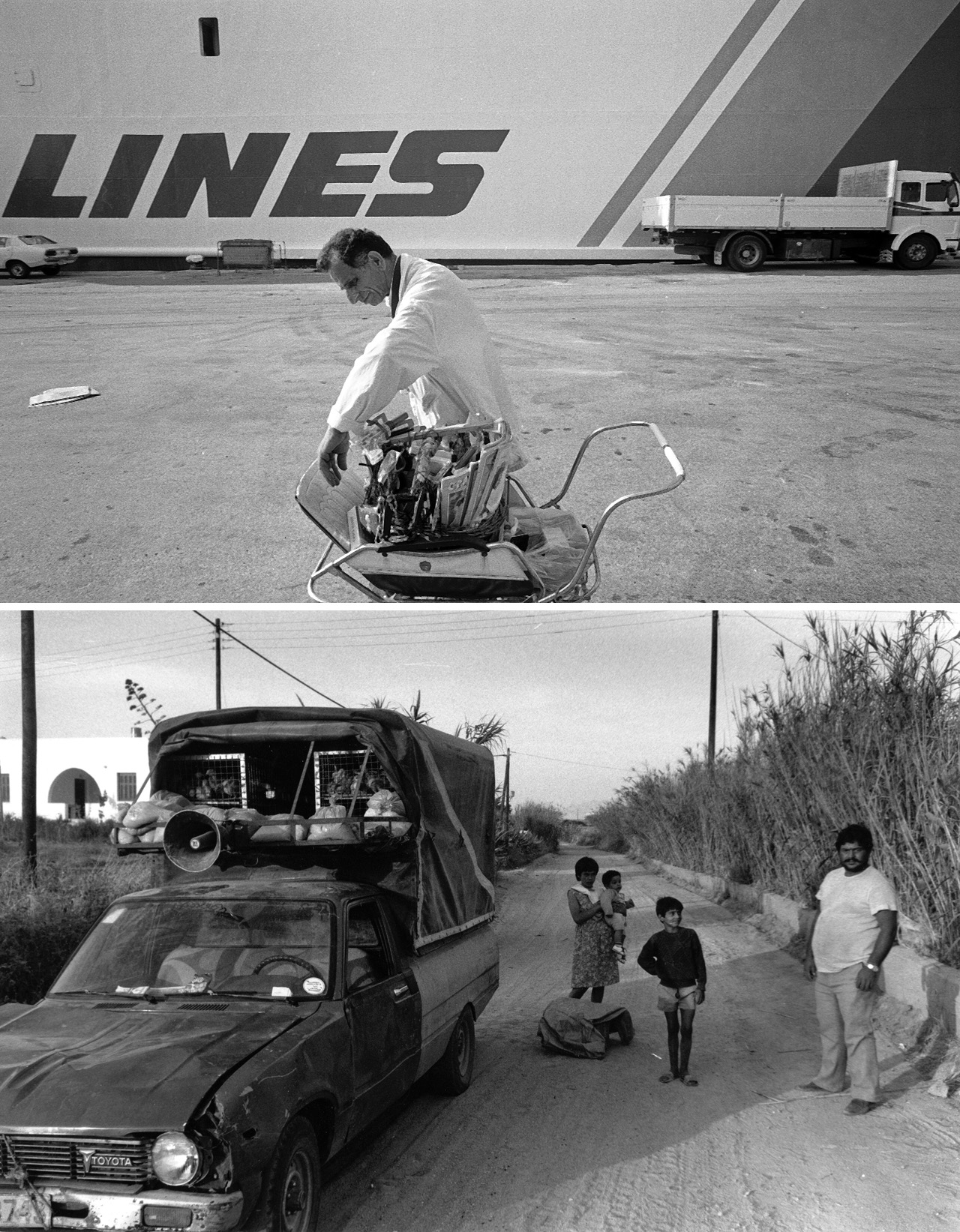 Les temps changent... Le Pir&eacute;e, juin 1987, Naxos, juin 1987
Ces images sont les t&eacute;moins d'un temps r&eacute;volu, ou presque. Au Pir&eacute;e, comme dans tous les grands ports grecs, les vendeurs de friandises et de souvenirs embarquaient &agrave; bord des ferries, le temps de l'escale, pour proposer leur marchandise aux voyageurs. Une course contre la montre s'engageait alors, car il fallait faire vite avant que le bateau ne reparte. Mais la complicit&eacute; de l'&eacute;quipage faisait que jamais je n'ai vu le vendeur rester &agrave; bord contre son gr&eacute;. Sur la photo du bas, les vendeurs gitans sillonnaient les &icirc;les avec leur pick-up pour proposer leur cargaison de volailles, vivantes ou pas &hellip; &laquo;&nbsp;Fresca, fresca poulakia&nbsp;&raquo; gr&eacute;sillaient les haut-parleurs aux abords des fermes et des villages. On en rencontre encore, mais les pick-ups ont &eacute;t&eacute; remplac&eacute;s par des camionnettes plus fringantes.