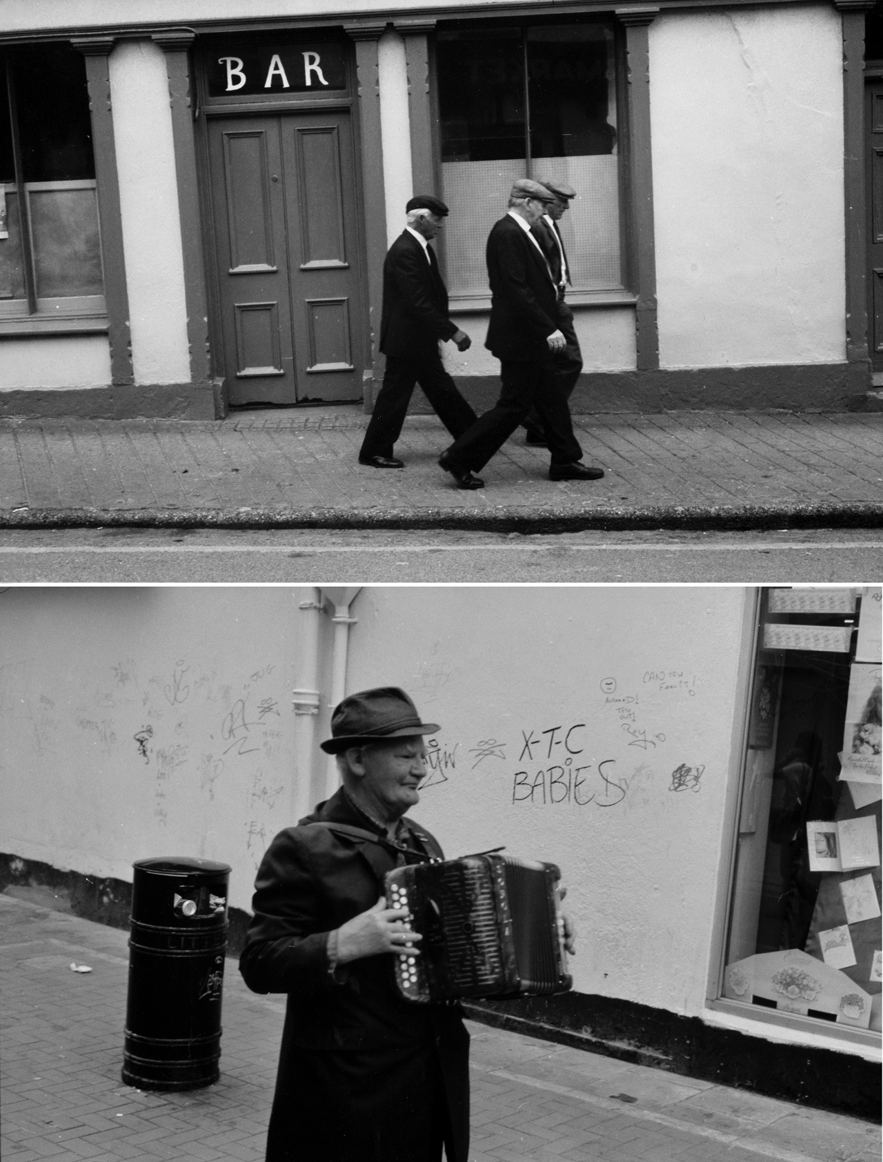 &laquo;&nbsp;Making plans for Nigel&nbsp;&raquo;, trois casquettes et un chapeau &ndash; Dublin, Irlande &ndash; septembre 1988

XTC Babies. Le tag sur le mur situe l'&eacute;poque. &laquo;&nbsp;Making plans for Nigel...&nbsp;&raquo;, voil&agrave; qui doit rappeler des souvenirs aux plus vieux. Les trois gaillards aux casquettes qui vont de pub en pub, l'air d&eacute;cid&eacute;, l'accord&eacute;oniste rock n' roll, tout cela fleure bon l'Irlande des ann&eacute;es 80. Nous avions parcouru l'&icirc;le en tous sens, les irlandais parlaient un anglais ex&eacute;crable, il faisait souvent un temps de cochon, mais les souvenirs sont toujours l&agrave;. Cette ann&eacute;e encore, je vais essayer de vous montrer quelques images du temps pass&eacute;. Excusez-moi par avance de l'irr&eacute;gularit&eacute; des posts, et &laquo;&nbsp;see you babies&nbsp;!&nbsp;&raquo;