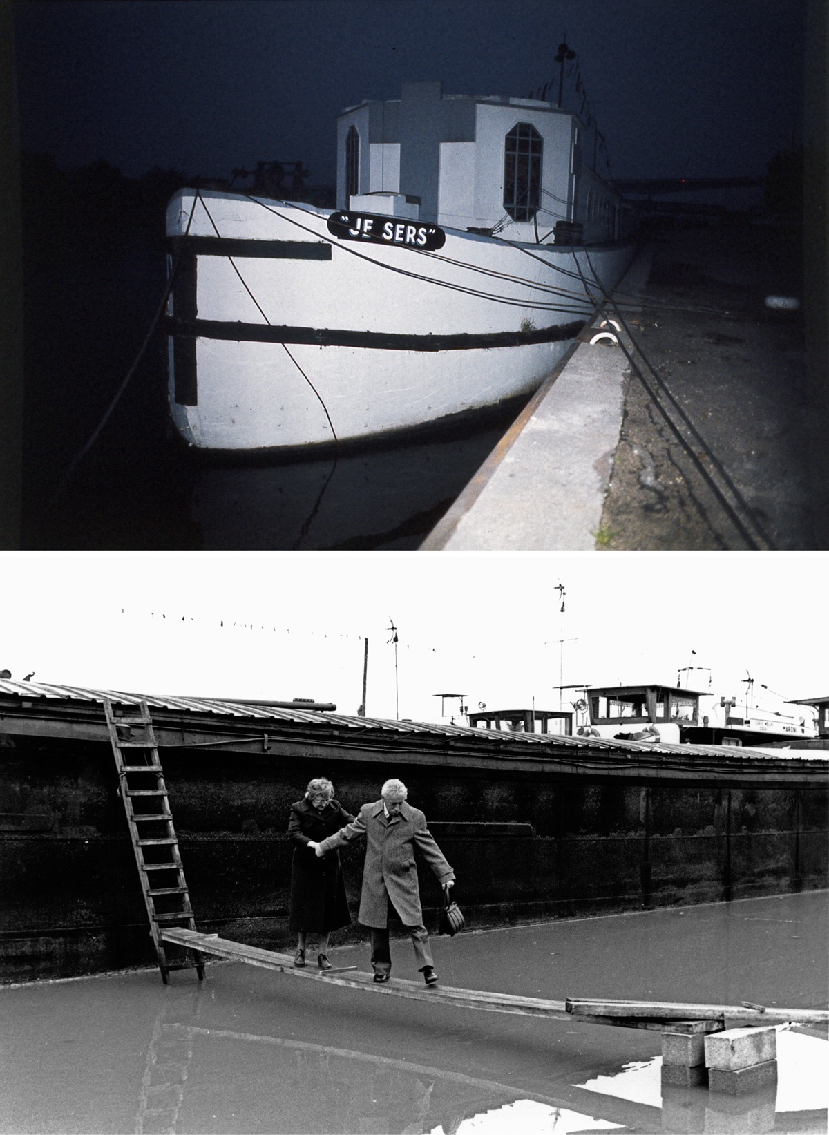 &laquo;&nbsp;Je Sers&nbsp;&raquo; - Berges de la Seine, Conflans Sainte Honorine - vers 1990&nbsp;?
Les p&eacute;niches de Conflans resteront &agrave; jamais dans ma m&eacute;moire comme des souvenirs d'enfance et mes premiers sujets &laquo;&nbsp;au long cours&nbsp;&raquo; photographiques. Mes grands-parents habitaient dans la capitale de la Batellerie, et lorsque nous passions le week-end chez eux c'&eacute;tait toujours pour moi un bonheur que d'aller le dimanche matin fl&acirc;ner sur les quais admirer les dizaines de p&eacute;niches amarr&eacute;es l&agrave;. Parmi elles, il y avait le bateau-chapelle &laquo;&nbsp;Je sers&nbsp;&raquo;, construit en b&eacute;ton dans les ann&eacute;es 1930, qui m'intriguait. Plus tard, je suis souvent revenu en bords de Seine photographier p&eacute;niches et mariniers, comme lors de cette crue spectaculaire qui obligea ces vieux marins &agrave; redoubler de prudence pour quitter leur navire.