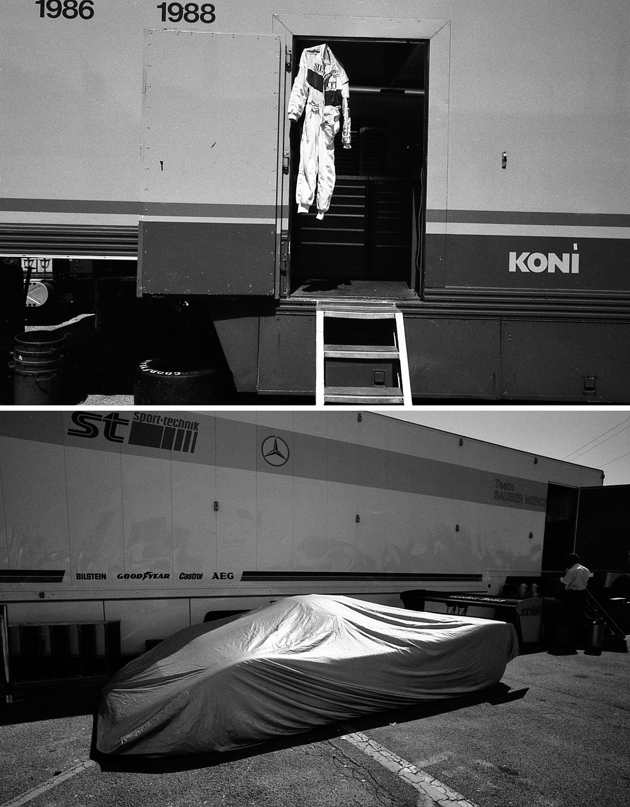Les fant&ocirc;mes des circuits &ndash; Dijon, France &ndash; Juillet 1990
Changement de sujet radical, mais c'est aussi le principe de ces posts sur Ello, ou j'essaye de faire partager un peu d'histoire au gr&eacute; des re-d&eacute;couvertes dans mes archives photographiques du si&egrave;cle pass&eacute;. Nous voici donc en juillet 1990, sur le circuit automobile de Dijon, lors de la manche du Championnat du monde de voitures de sport. A l'&eacute;poque, on pouvait se promener sans probl&egrave;me dans les stands et dans le paddock, et tout se passait bien. On se trouvait nez &agrave; nez avec des monstres au repos, ou pr&ecirc;ts &agrave; bondir sur la piste. On c&ocirc;toyait les pilotes-stars du moment, Jacky Ickx, Jean-Louis Schlesser,  Jochen Mass ou encore un certain Michael Schumacher...  C'est d'ailleurs sa Mercedes que l'on voit ici, dissimul&eacute;e sous sa b&acirc;che argent&eacute;e. Il terminera la course de Dijon &agrave; la deuxi&egrave;me place, et Mercedes remportera le titre cette ann&eacute;e-l&agrave;. Leur grand rival, Jaguar, avait eu moins de chance. La combinaison vide de Martin Brundle, en haut, sonne comme un symbole. Une grande &eacute;poque totalement r&eacute;volue.