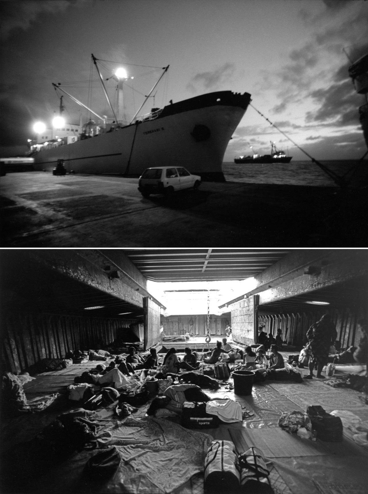 Bateaux de nuit &ndash; Polyn&eacute;sie Fran&ccedil;aise, Raiatea, Bora Bora &ndash; Mai 1993

Une pause dans ma s&eacute;rie d'images et d'histoires sur la Gr&egrave;ce. Mais on continue quand m&ecirc;me avec des histoires de bateaux, pour faire le lien &hellip; Il y a 24 ans presque jour pour jour, nous sillonnions les Iles sous le Vent &agrave; bord de &laquo;&nbsp;go&eacute;lettes&nbsp;&raquo; comme celles-ci. En fait, des vieux cargos mixtes qui cabotaient d'&icirc;le en &icirc;le, transportant le copra, les marchandises de premi&egrave;re n&eacute;cessit&eacute;, et aussi quelques voyageurs. Le confort &eacute;tait rustique, je me souviens d'avoir pass&eacute; une nuit de temp&ecirc;te entre Tahiti et Raiatea, coinc&eacute; dans une couchette rouill&eacute;e, les cafards dansant la danse du ventre berc&eacute;s par la houle. Certes, c'&eacute;tait toujours mieux que de voyager dans la cale, comme de nombreux Tahitiens le faisaient, oblig&eacute;s de se prot&eacute;ger du mauvais temps. D'habitude, ils pr&eacute;f&eacute;raient  passer la travers&eacute;e assis &agrave; m&ecirc;me le pont. Cet inconfort relatif &eacute;tait heureusement r&eacute;compens&eacute;, quant on arrivait au port au petit matin, et que la &laquo;&nbsp;roulotte&nbsp;&raquo; sur le quai nous attendait avec un caf&eacute; chaud ...