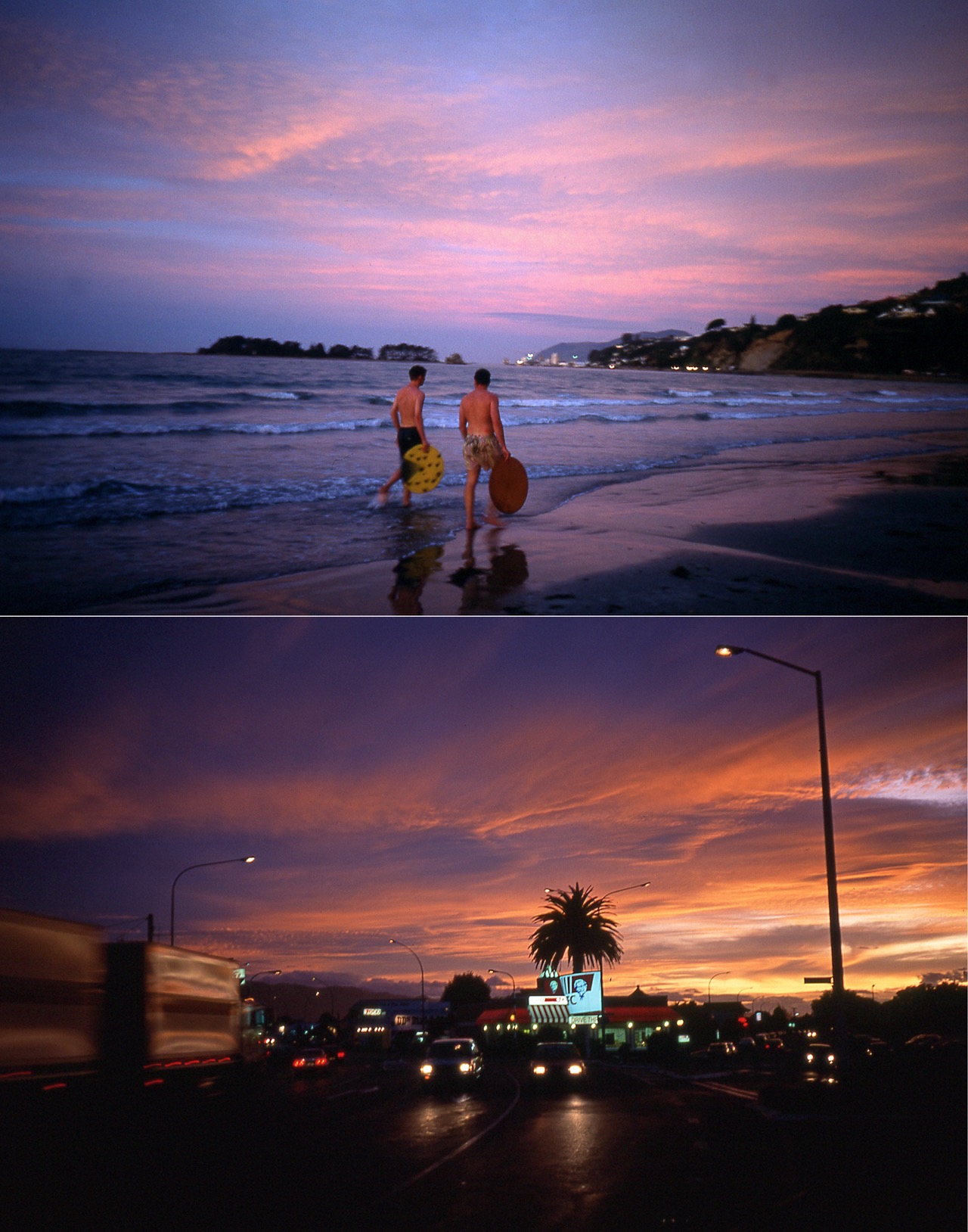 KFC Sunset &ndash; Nelson, Nouvelle Z&eacute;lande &ndash; Janvier 1993

Bon, d'accord, ce ne sont que de beaux couchers de soleil... Pardon, pas tout &agrave; fait, car la lumi&egrave;re de l'h&eacute;misph&egrave;re sud a quelque chose de sp&eacute;cial, avec ses ciels immenses. J'ai retrouv&eacute; cette impression en Patagonie. Ici, &agrave; Nelson, dans l'&icirc;le du Sud de la Nouvelle Z&eacute;lande, &agrave; l'heure rouge, les deux surfers n'avaient qu'&agrave; passer de l'autre c&ocirc;t&eacute; de la digue pour se retrouver dans la circulation du cr&eacute;puscule. On avait fait de m&ecirc;me, pour se retrouver &agrave; commander au KFC local (celui que l'on aper&ccedil;oit au bout de l'avenue) des &laquo;&nbsp;chicken wings&nbsp;&raquo; que l'on allait d&eacute;vorer dans notre chambre de motel. Et bien, croyez-moi, depuis ce soir l&agrave;, je n'ai plus jamais mang&eacute; de cuisses de poulets pan&eacute;es. M&ecirc;me au bout du monde, les exp&eacute;riences culinaires ont leurs limites. Et j'&eacute;vite furieusement tous les KFC de la plan&egrave;te.