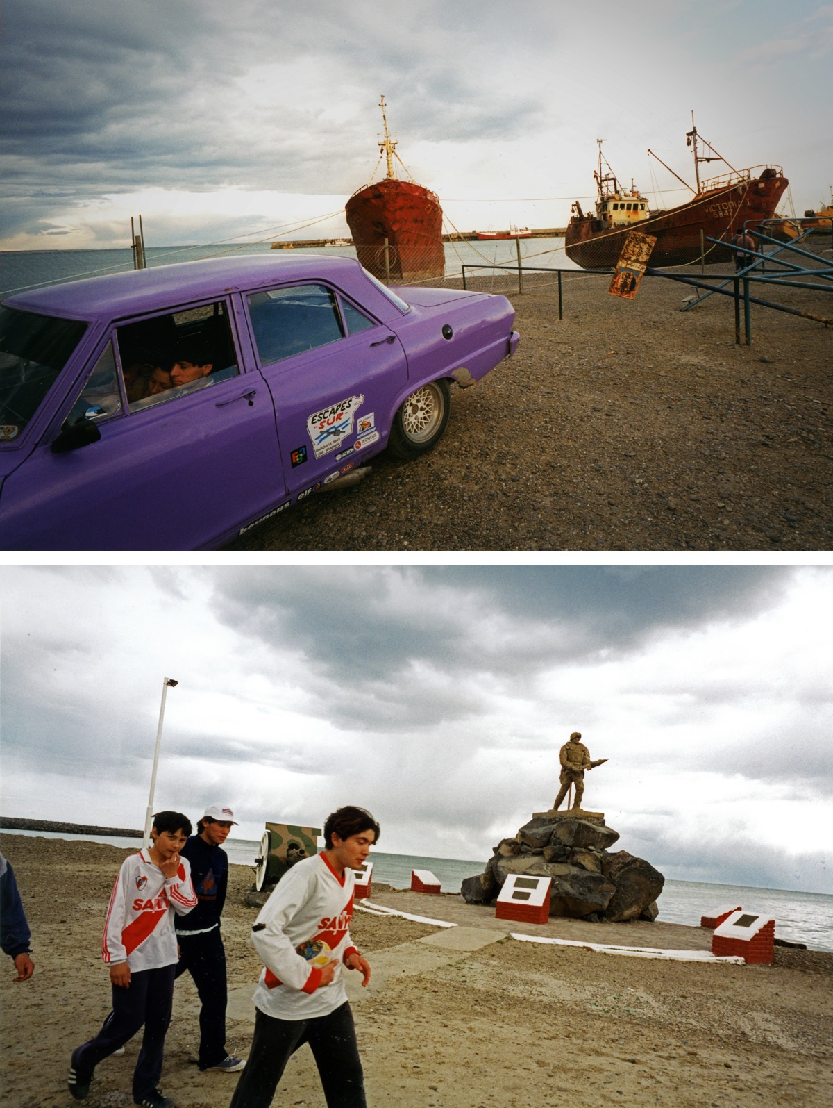 Comodoro Rivadavia, province du Chubut, Patagonie Argentine &ndash; novembre 1997. A mi-chemin entre Buenos Aires et Ushuaia, sur la Ruta 3, &laquo;&nbsp;Comodoro&nbsp;&raquo; tient sa richesse du p&eacute;trole et du gaz. Perdu au milieu de la pampa, c'est LE carrefour commercial et maritime du sud argentin. Mais dans la journ&eacute;e, les jeunes n'ont rien d'autre &agrave; faire que tra&icirc;ner sur le front de mer, au pied des monuments &agrave; la gloire des soldats des Malouines, h&eacute;ros de 1982. Le patriotisme argentin a la peau dure... Le soir, les abords du port sont le rendez-vous des amoureux. Ces deux-l&agrave;, trop occup&eacute;s, ne m'avaient m&ecirc;me pas remarqu&eacute;...