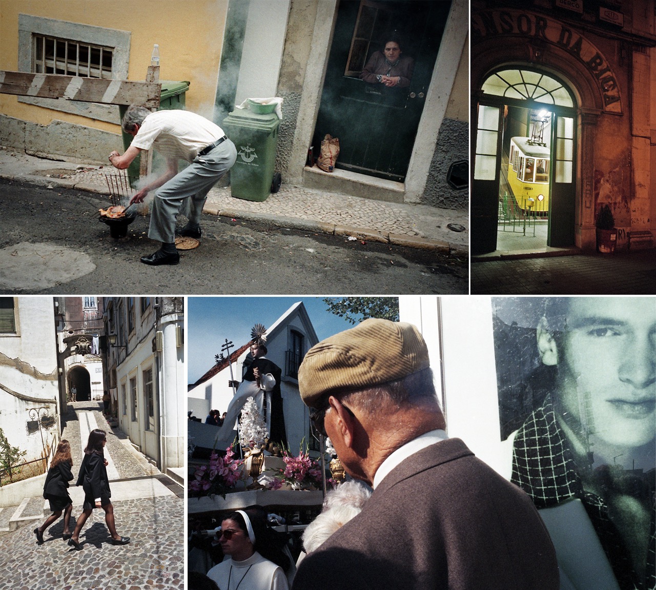 Qui&eacute;tude pass&eacute;e - Lisbonne, Coimbra &ndash; Portugal, mai 1997

Un monsieur tr&egrave;s digne qui fait cuire son poulet &laquo;&nbsp;assado&nbsp;&raquo; en pleine rue, sous le regard bienveillant de sa femme (c'est peut-&ecirc;tre depuis ce jour-l&agrave; que je suis fan de la recette!), des &eacute;tudiantes en uniforme qui participent au d&eacute;fil&eacute; des &eacute;coles, un tramway endormi derri&egrave;re sa porte (il me fait immanquablement penser au sublime film de Wim Wenders, &laquo;&nbsp;Lisbonne&nbsp; Story&raquo;, avec la belle musique triste de Madredeus), cette affiche qui regarde le type &agrave; casquette qui regarde passer la Vierge... J'ai retrouv&eacute; ces images d'un autre temps, tir&eacute;es d'un voyage au Portugal, du nord au sud, il y a presque vingt ans. Elles sentent le &laquo;&nbsp;fado&nbsp;&raquo;, sonnent comme une &eacute;poque vraiment pass&eacute;e, un peu d&eacute;su&egrave;te. Et contrastent tellement avec aujourd'hui...
