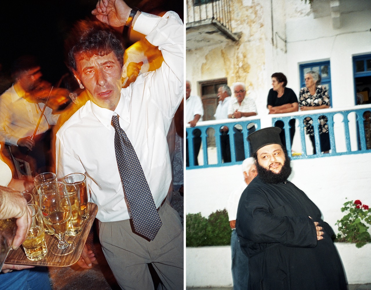 Le mariage de Spiros – Naxos, Grèce – septembre 1998
Faire l'aller-retour Paris-Naxos en un week-end est stupide. C'est pourtant ce que nous avons fait pour assister au mariafe de nos amis Laurence et Spiros, ainsi qu'au baptême de leur fils Manolis, par un bel été finissant. Le week-end fut joyeux, dense, très arrosé, très fatiguant ! J'avais juste emmené mon Konica Hexar pour l'occasion, histoire de ne pas me charger. Il a fait le job, son autofocus remplaçant sans broncher ma vision alcoolisée. Notez que le pope a l'air plutôt joyeux, lui aussi... Ces images feront partie d'une grande série sur laquelle je travaille actuellement, une rétrospective de 35 ans sur la Grèce. Vous en saurez plus bientôt...
