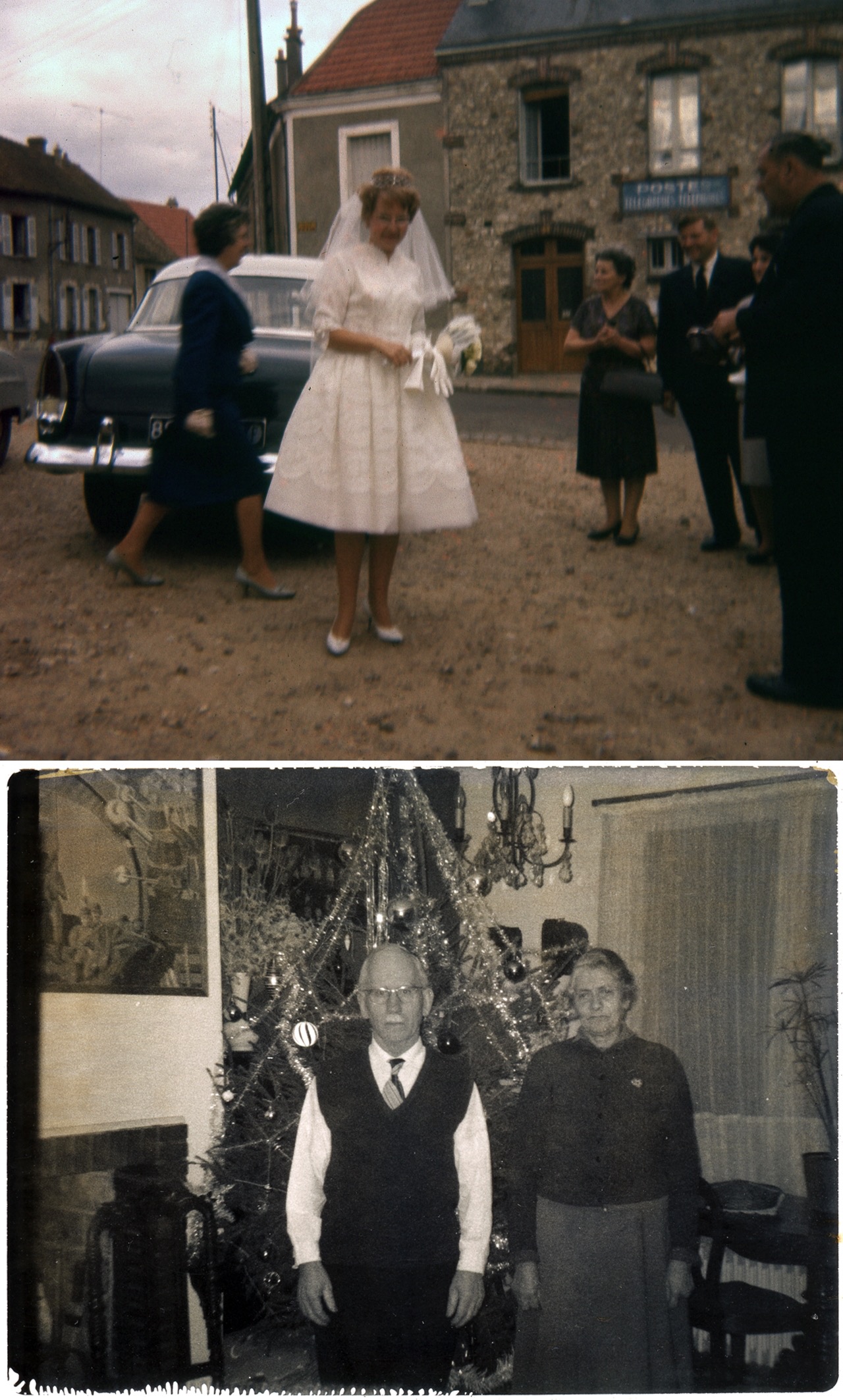 Souvenirs de famille &ndash; Gallardon, France, septembre 1962 &ndash; Cormeilles en parisis, France No&euml;l 1966 ?

La photo du haut, c'est ma tante, lors de son mariage. J'avais 8 ans quand j'ai pris cette photo, avec de la pellicule couleur Kodacolor et mon Brownie Kodak. Un vrai petit appareil de reportage, avec son gros flash &agrave; lampes qui gr&eacute;sillaient. Mon oncle et ma tante s'&eacute;taient mari&eacute;s pr&egrave;s de Chartres, et je me souviens tr&egrave;s bien de deux choses : sur le menu du d&icirc;ner, il y avait marqu&eacute;, entre la viande et le fromage, &laquo; quelques feuilles &raquo;... de salade, bien entendu, mais comment voulez-vous qu'un petit gar&ccedil;on de huit ans puisse deviner cela ? L'autre souvenir, c'est que le dimanche matin, nous &eacute;tions all&eacute;s visiter la cath&eacute;drale de Chartres, j'avais photographi&eacute; les vitraux. J'ai retrouv&eacute; les n&eacute;gatifs, c'&eacute;tait plut&ocirc;t rat&eacute; !!!
Sur l'image du bas, ce sont mes grands parents maternels, devant l'arbre de No&euml;l familial. Une photo r&eacute;alis&eacute;e avec mon Polaroid Swinger, dont j'ai d&eacute;j&agrave; parl&eacute; auparavant. J'aime bien la posture, super s&eacute;rieuse. Mes grands parents n'aimaient pas trop &ecirc;tre photographi&eacute;s, question de pudeur et de timidit&eacute;. Je suis content que cette image ait r&eacute;sist&eacute; aux ann&eacute;es, il ne me reste que si peu de souvenirs visuels d'eux.