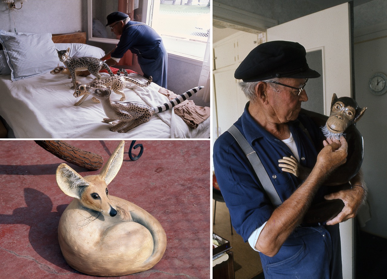 Le zoo de ciment &ndash; Royan, France &ndash; Et&eacute; 1975
J'avais d&eacute;couvert par hasard la maison de Fr&eacute;d&eacute;ric Parantho&euml;n en me promenant dans Royan, un peu en retrait du front de mer. Il &eacute;tait difficile de la rater, non pas &agrave; cause de son architecture, mais parce que son petit jardin, qui donnait sur la rue, &eacute;tait peupl&eacute; d'un &eacute;trange zoo immobile. Pour cause, les animaux qui avaient &eacute;lu domicile ici &eacute;taient tous l'oeuvre du ma&icirc;tre de maison, Monsieur Fr&eacute;d&eacute;ric Parantho&euml;n, et &eacute;taient r&eacute;alis&eacute;s en ciment peint. La curiosit&eacute; m'avait amen&eacute; &agrave; frapper &agrave; la porte, et j'avais fait la connaissance de l'artiste. Un Facteur Cheval local, au talent et &agrave; l'imagination incroyables, qui m'avait fait d&eacute;couvrir et laiss&eacute; photographier son monde imaginaire. Il y avait des animaux dans toute la maison, mais aussi des personnages, des plantes... le tout en ciment&nbsp;! J'ai totalement perdu contact avec Monsieur Parantho&euml;n, qui &eacute;tait malade la derni&egrave;re fois que je l'avais vu, en 1976... Je ne sais pas ce qu'il est advenu de son travail apr&egrave;s sa disparition. Il aurait bien m&eacute;rit&eacute; un peu de c&eacute;l&eacute;brit&eacute;.